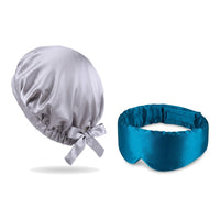 Pack soie de mûrier : bonnet de nuit argent et masque de nuit canard, sur fond blanc