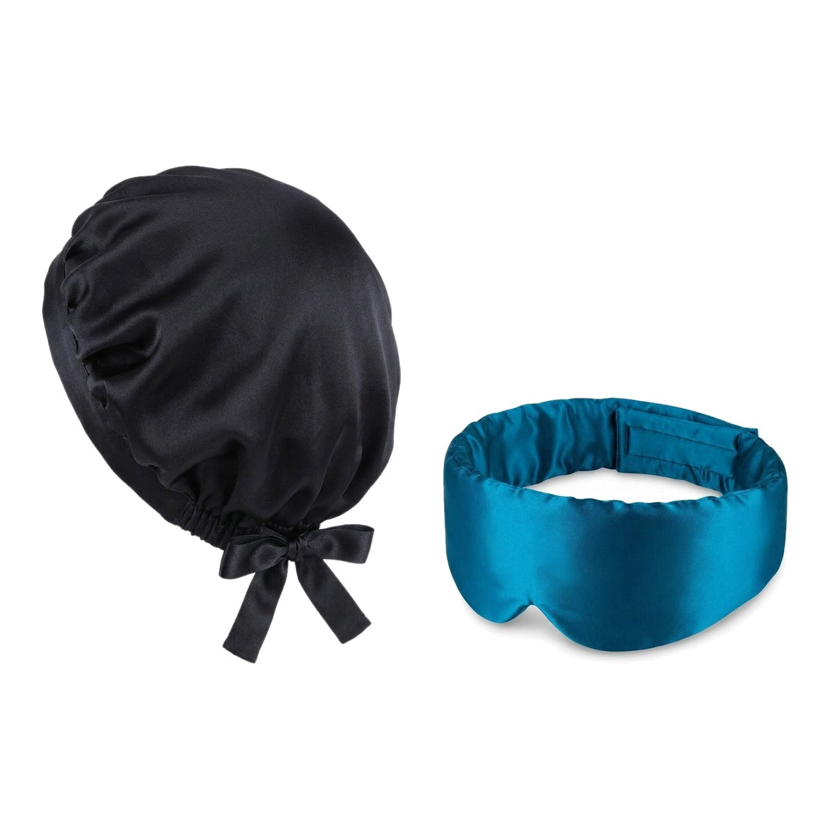Pack soie de mûrier : bonnet de nuit noir et masque de nuit canard, sur fond blanc