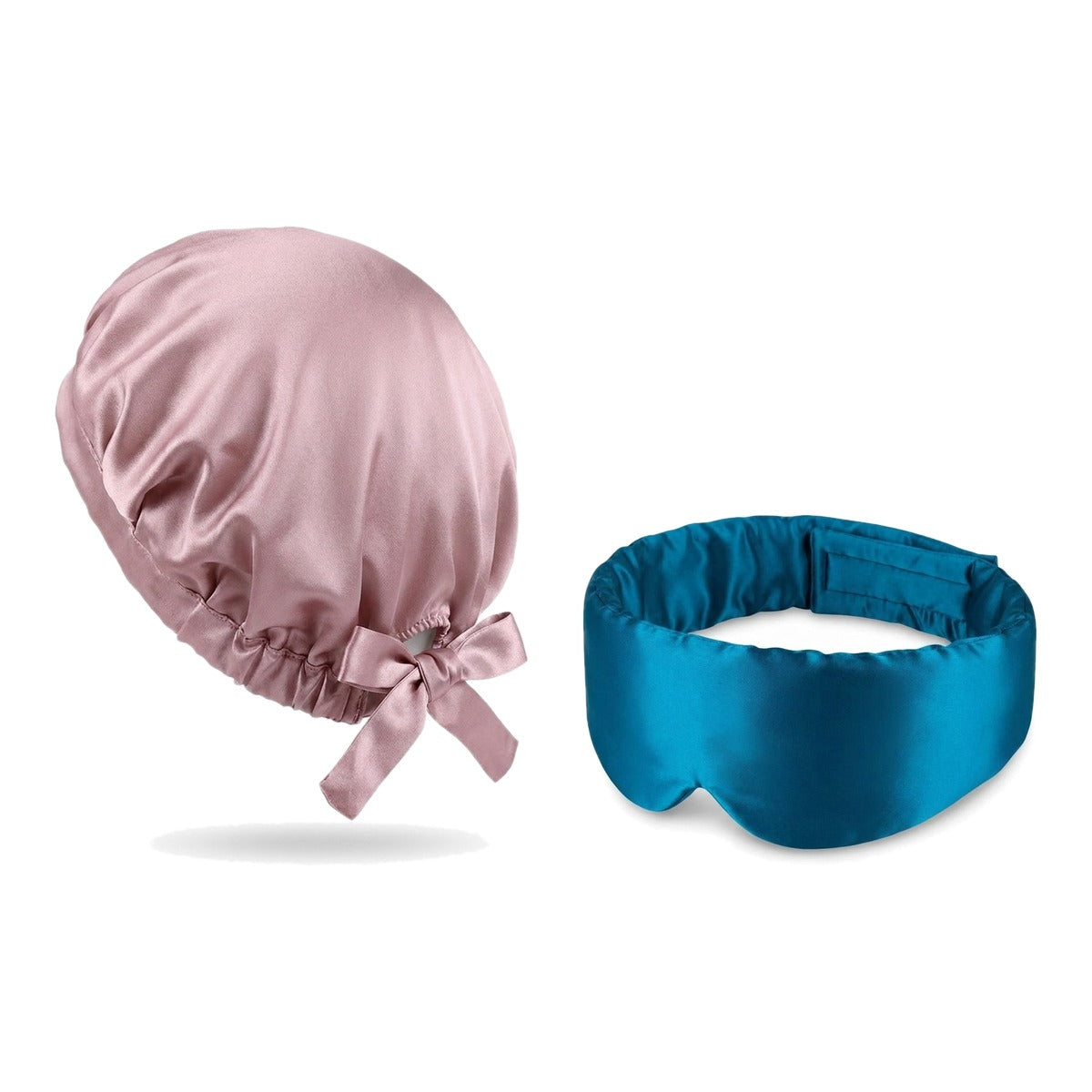 Pack soie de mûrier : bonnet de nuit rose et masque de nuit canard, sur fond blanc