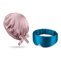 Pack soie de mûrier : bonnet de nuit rose et masque de nuit canard, sur fond blanc