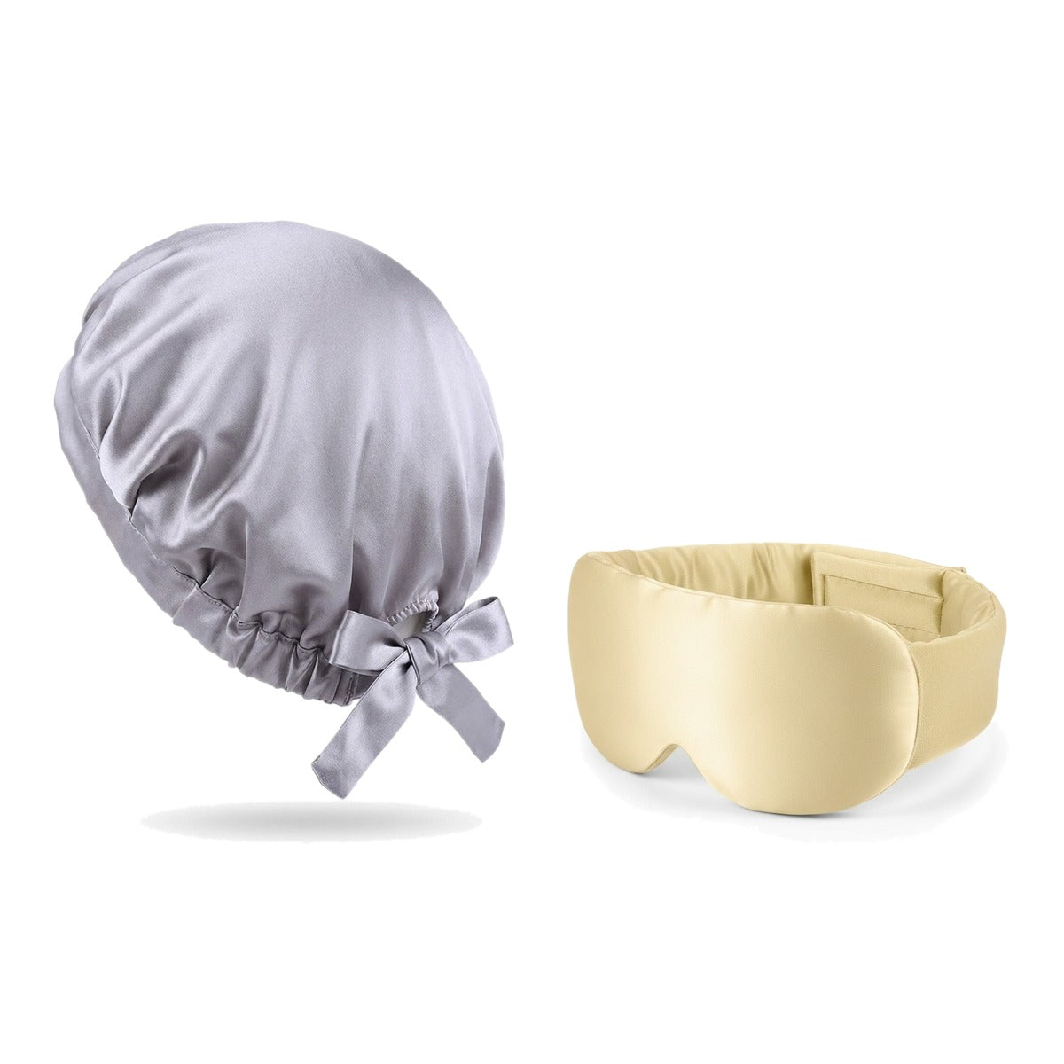 Pack soie de mûrier : bonnet de nuit argent et masque de nuit champagne, sur fond blanc