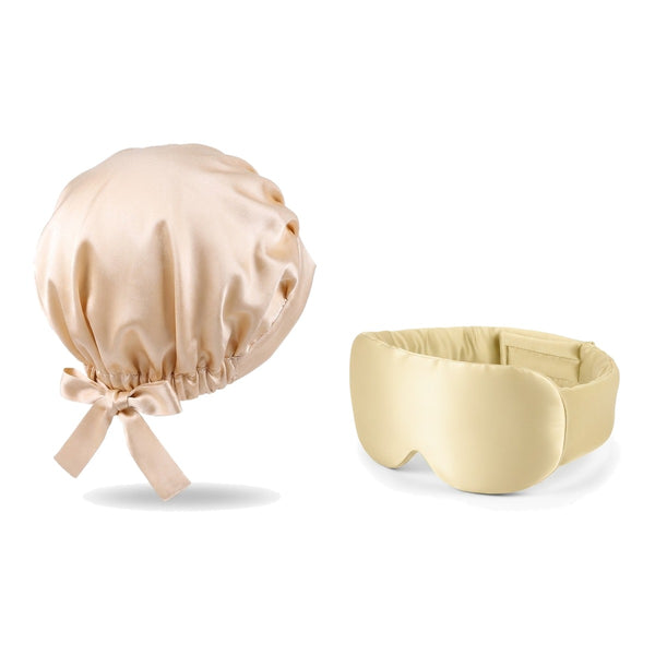 Pack soie de mûrier : bonnet de nuit champagne et masque de nuit champagne, sur fond blanc