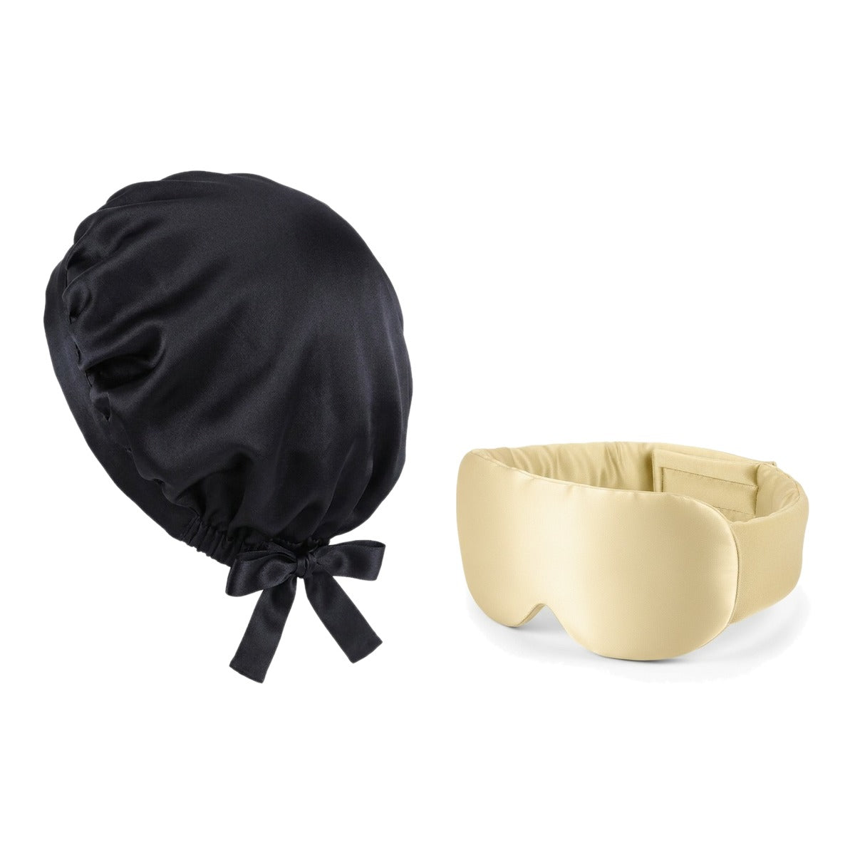 Pack soie de mûrier : bonnet de nuit noir et masque de nuit champagne, sur fond blanc