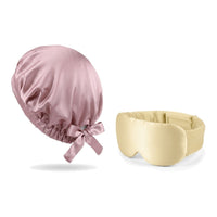 Pack soie de mûrier : bonnet de nuit rose et masque de nuit champagne, sur fond blanc