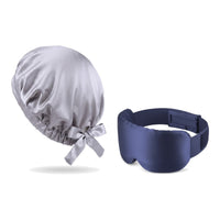 Pack soie de mûrier : bonnet de nuit argent et masque de nuit marine, sur fond blanc