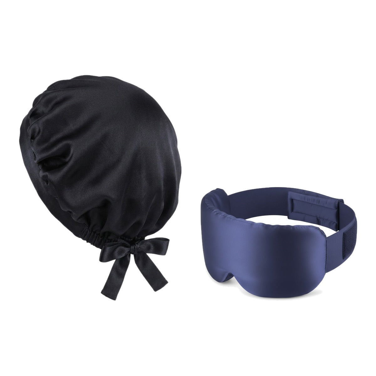 Pack soie de mûrier : bonnet de nuit noir et masque de nuit marine, sur fond blanc