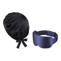 Pack soie de mûrier : bonnet de nuit noir et masque de nuit marine, sur fond blanc