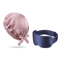 Pack soie de mûrier : bonnet de nuit rose et masque de nuit marine, sur fond blanc