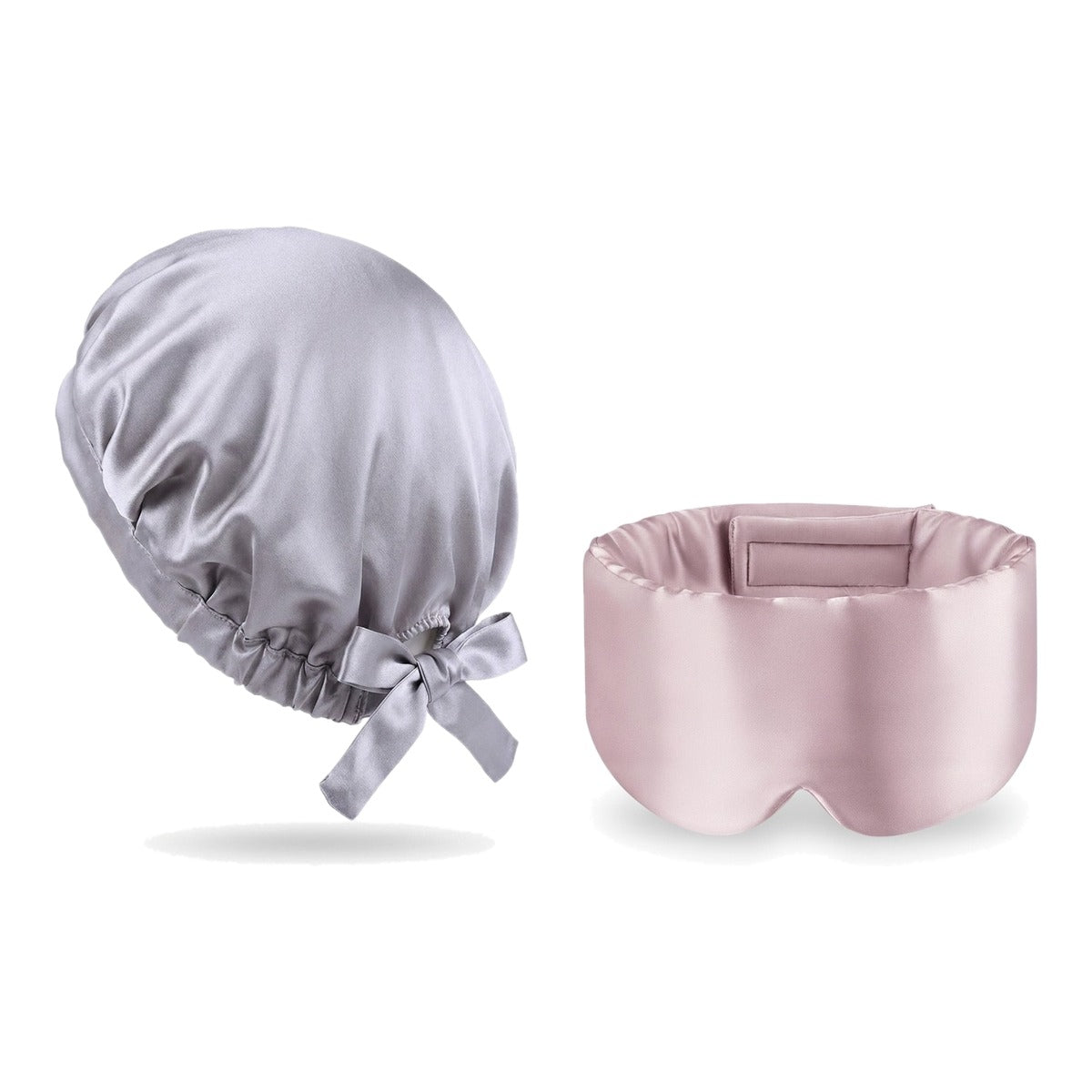 Pack soie de mûrier : bonnet de nuit argent et masque de nuit rose, sur fond blanc