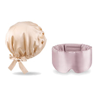 Pack soie de mûrier : bonnet de nuit champagne et masque de nuit rose, sur fond blanc