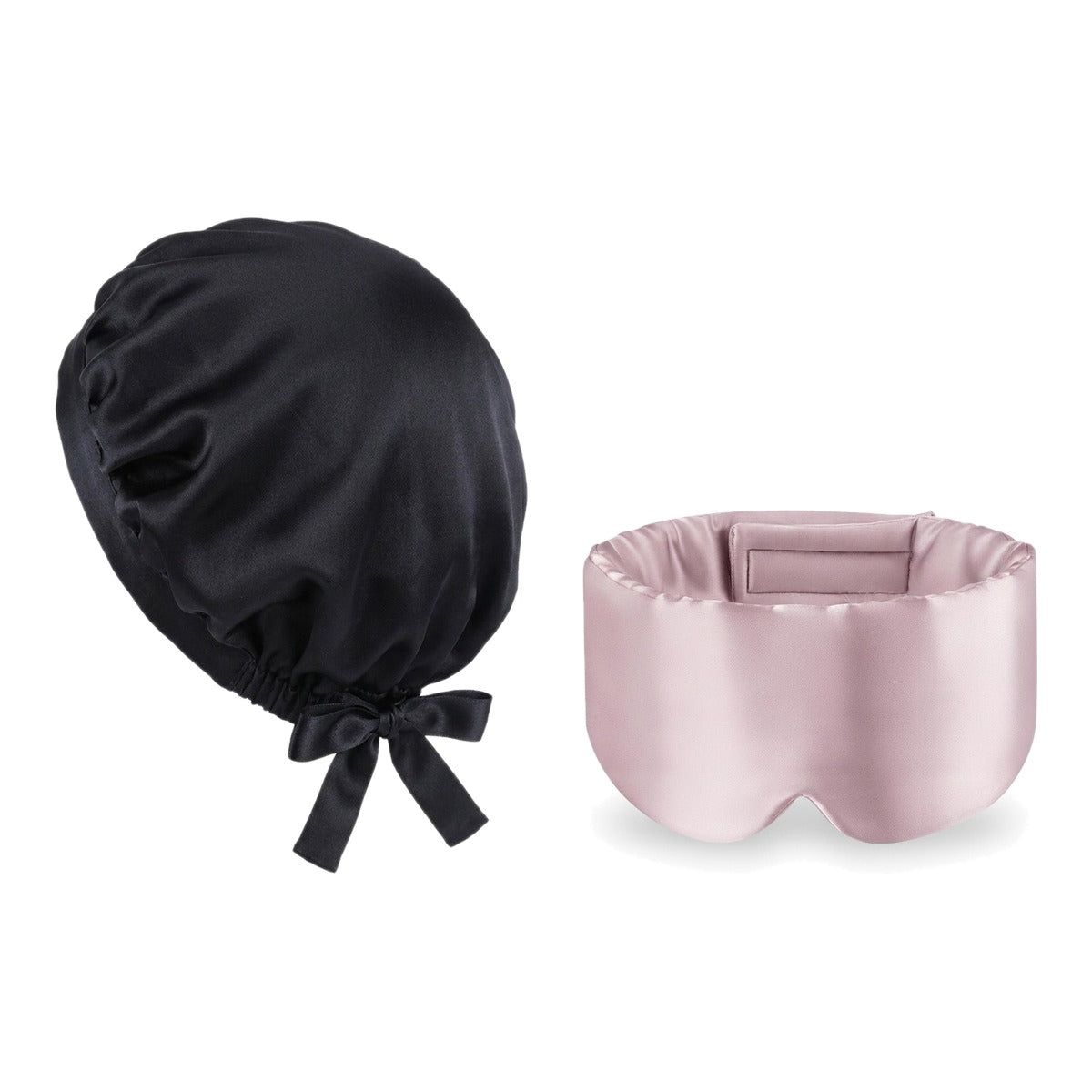 Pack soie de mûrier : bonnet de nuit noir et masque de nuit rose, sur fond blanc