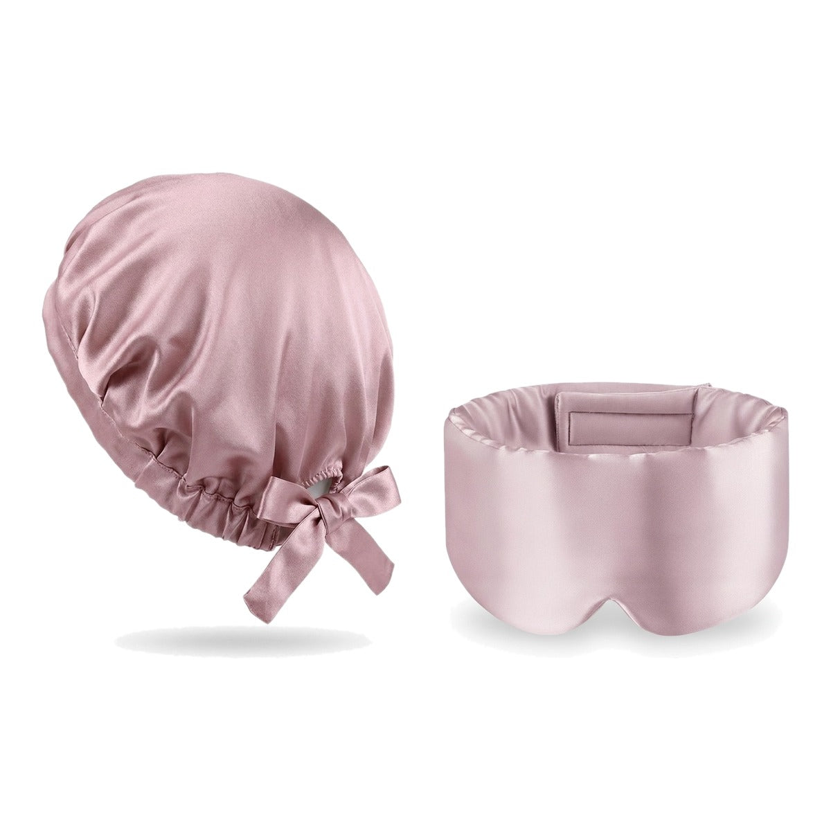 Pack soie de mûrier : bonnet de nuit rose et masque de nuit rose, sur fond blanc