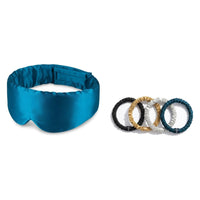 Pack soie de mûrier : masque de nuit canard et 4 chouchous assortiment contraste, sur fond blanc