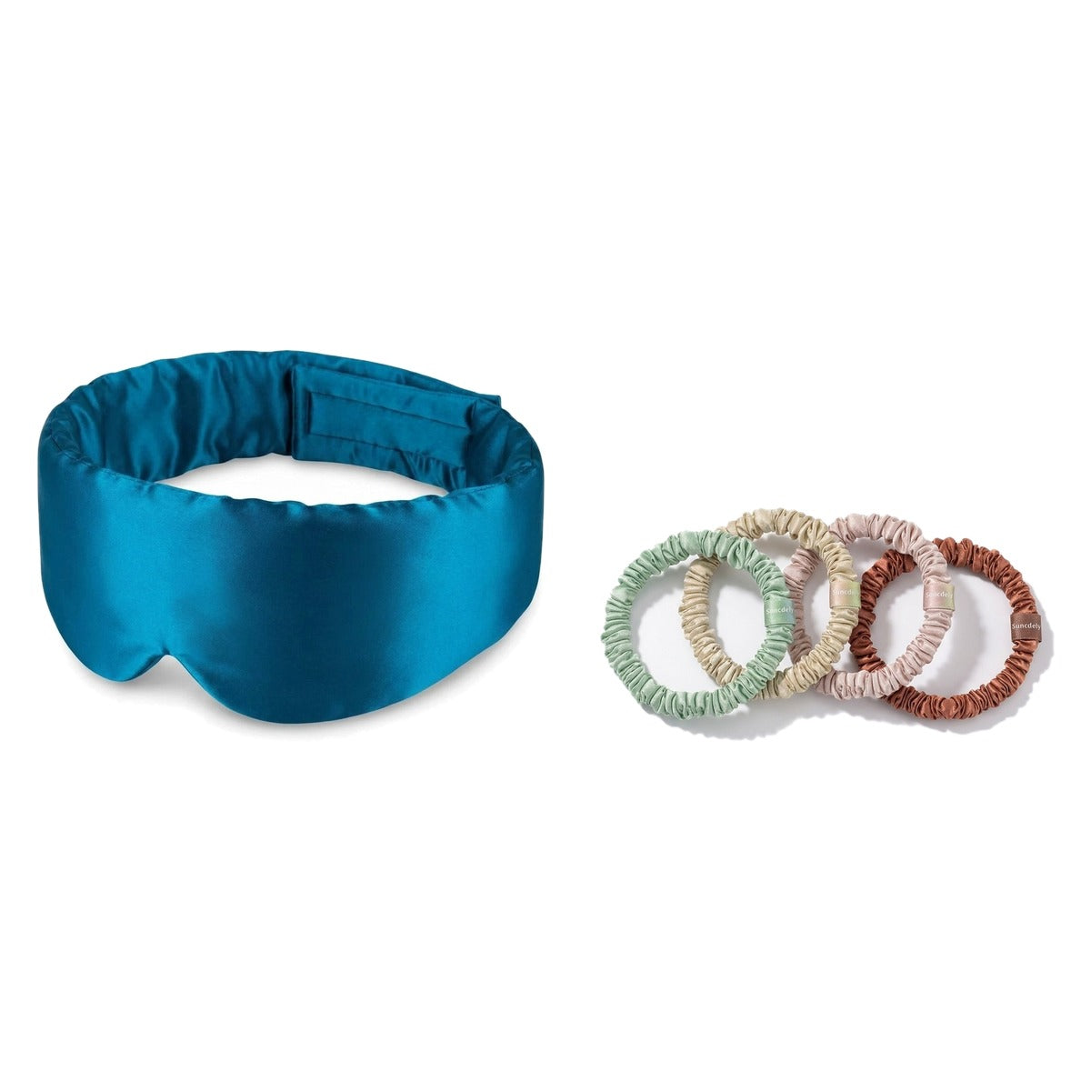 Pack soie de mûrier : masque de nuit canard et 4 chouchous assortiment pastels, sur fond blanc