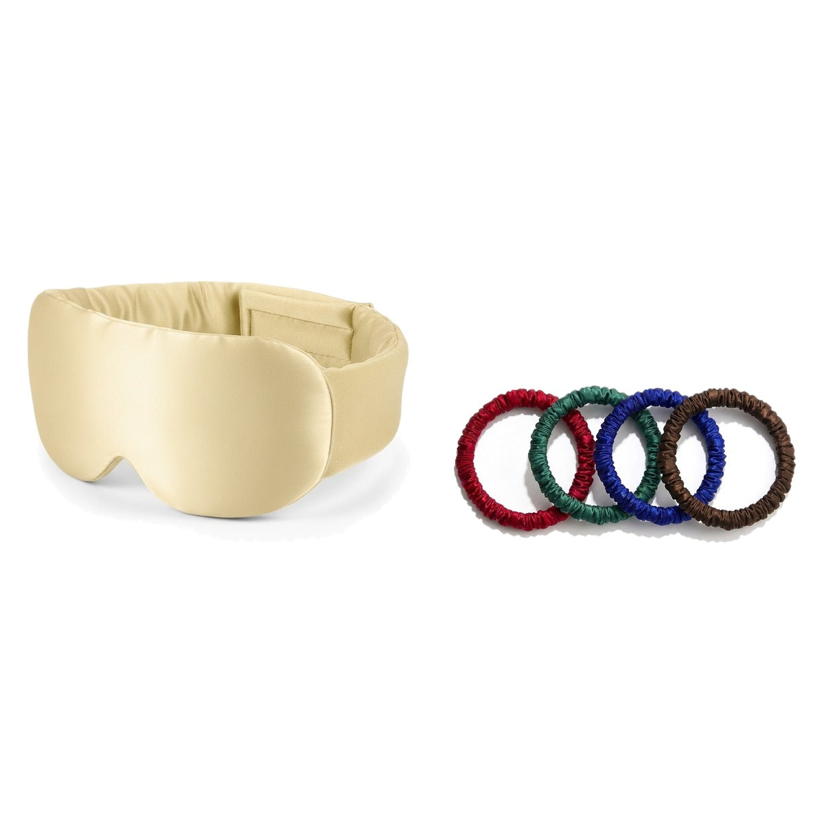 Pack soie de mûrier : masque de nuit champagne et 4 chouchous assortiment bijoux, sur fond blanc