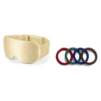 Pack soie de mûrier : masque de nuit champagne et 4 chouchous assortiment bijoux, sur fond blanc