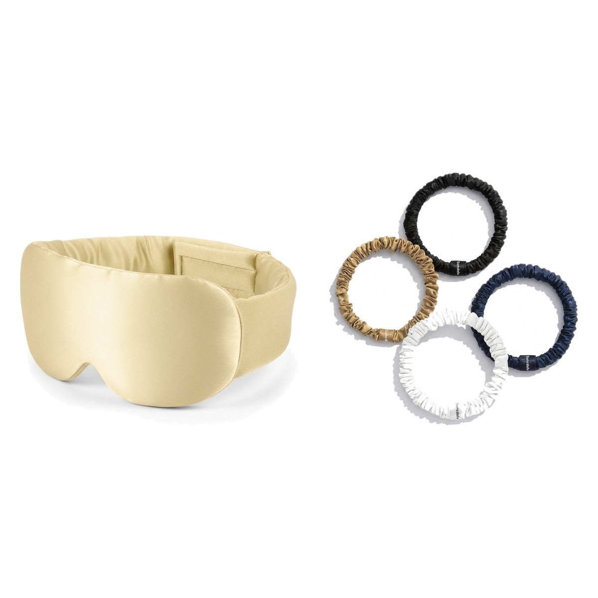 Pack soie de mûrier : masque de nuit champagne et 4 chouchous assortiment classiques, sur fond blanc