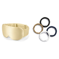 Pack soie de mûrier : masque de nuit champagne et 4 chouchous assortiment classiques, sur fond blanc
