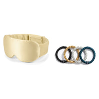 Pack soie de mûrier : masque de nuit champagne et 4 chouchous assortiment contraste, sur fond blanc