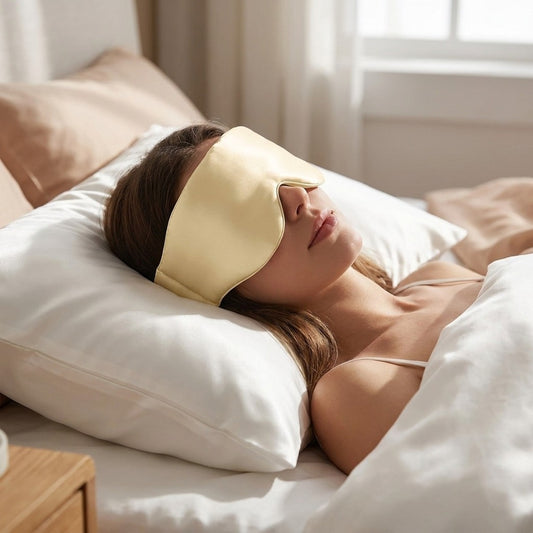 Mise en situation : femme endormie portant le masque en soie champagne