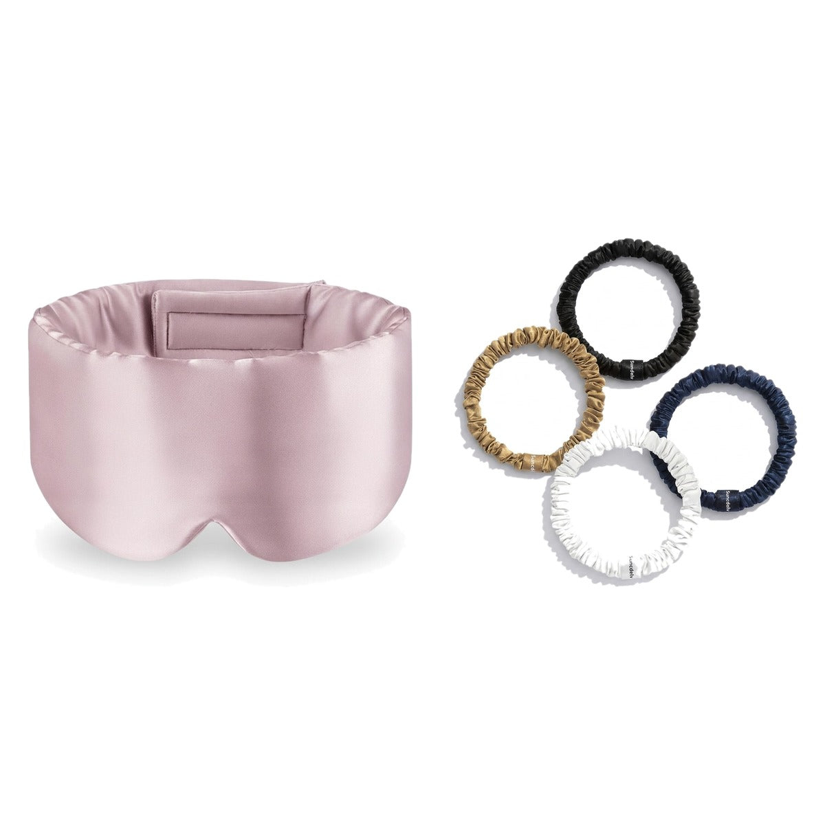 Pack soie de mûrier : masque de nuit rose et 4 chouchous assortiment classiques, sur fond blanc