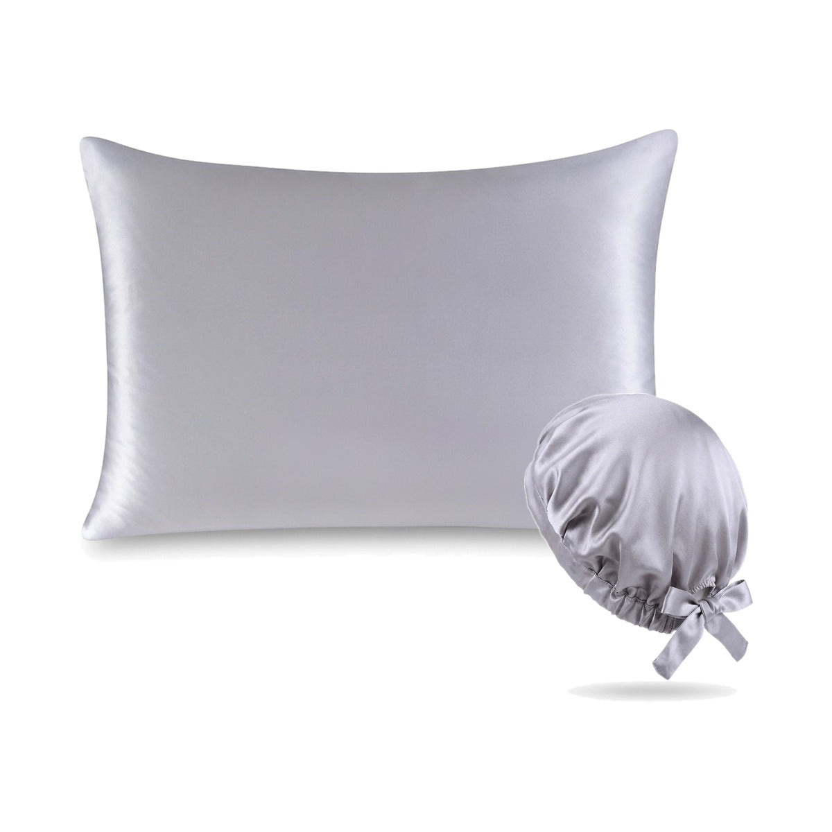 Pack soie de mûrier : taie d'oreiller argent et bonnet de nuit argent, sur fond blanc