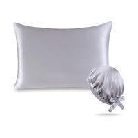 Pack soie de mûrier : taie d'oreiller argent et bonnet de nuit argent, sur fond blanc