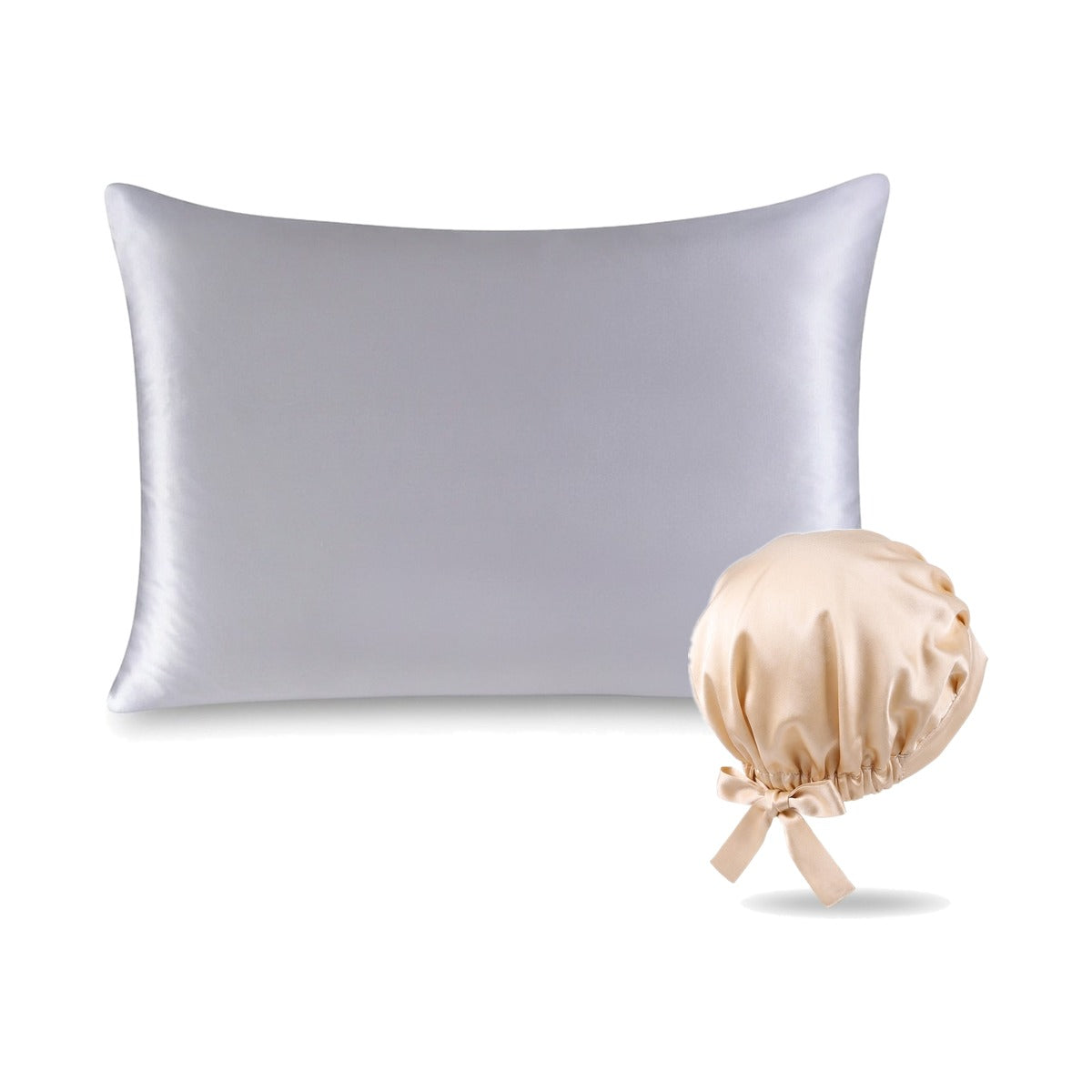 Pack soie de mûrier : taie d'oreiller argent et bonnet de nuit champagne, sur fond blanc