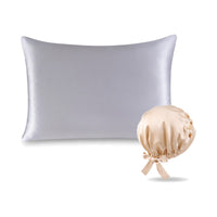 Pack soie de mûrier : taie d'oreiller argent et bonnet de nuit champagne, sur fond blanc