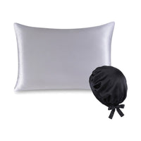 Pack soie de mûrier : taie d'oreiller argent et bonnet de nuit noir, sur fond blanc