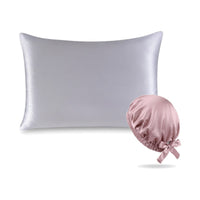 Pack soie de mûrier : taie d'oreiller argent et bonnet de nuit rose, sur fond blanc