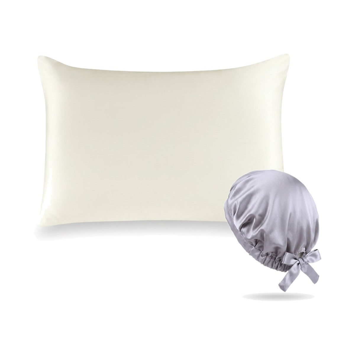 Pack soie de mûrier : taie d'oreiller ivoire et bonnet de nuit argent, sur fond blanc