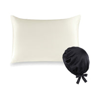 Pack soie de mûrier : taie d'oreiller ivoire et bonnet de nuit noir, sur fond blanc