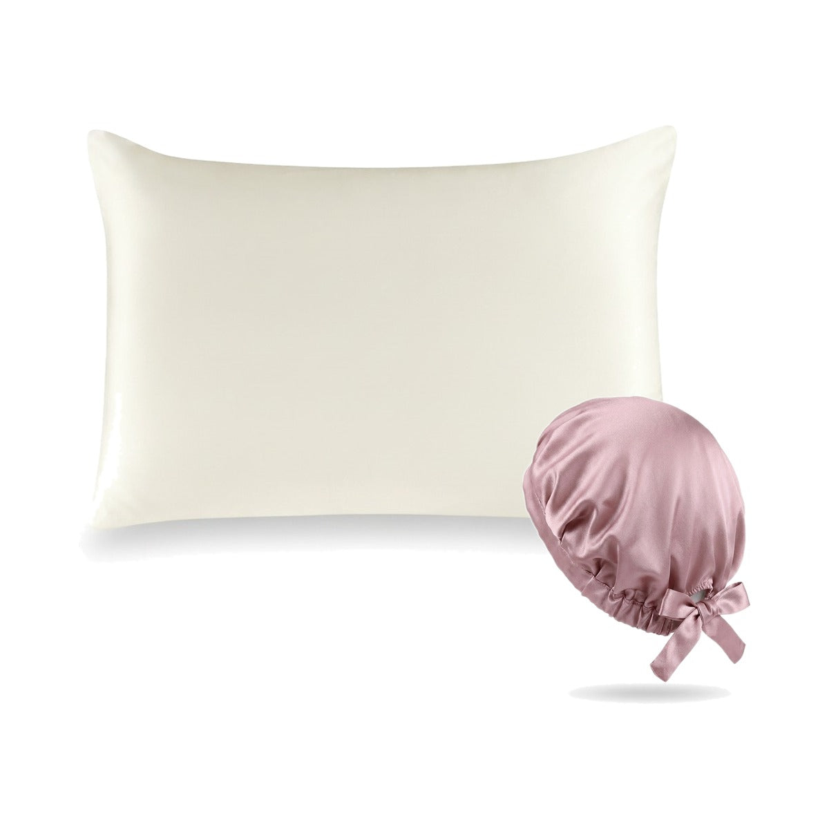 Pack soie de mûrier : taie d'oreiller ivoire et bonnet de nuit rose, sur fond blanc