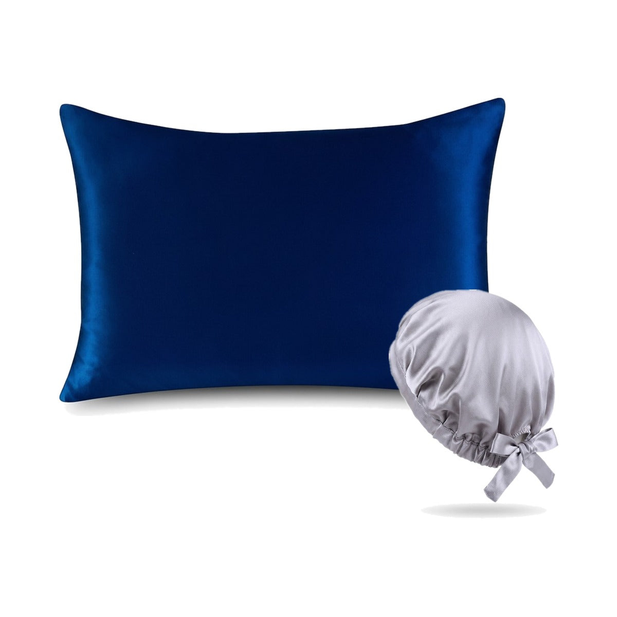 Pack soie de mûrier : taie d'oreiller marine et bonnet de nuit argent, sur fond blanc