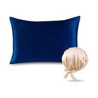 Pack soie de mûrier : taie d'oreiller marine et bonnet de nuit champagne, sur fond blanc