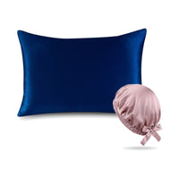 Pack soie de mûrier : taie d'oreiller marine et bonnet de nuit rose, sur fond blanc