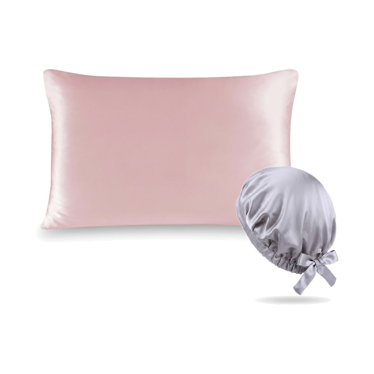 Pack soie de mûrier : taie d'oreiller rose et bonnet de nuit argent, sur fond blanc