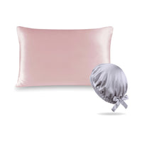Pack soie de mûrier : taie d'oreiller rose et bonnet de nuit argent, sur fond blanc