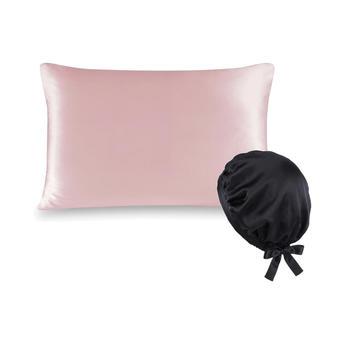 Pack soie de mûrier : taie d'oreiller rose et bonnet de nuit noir, sur fond blanc