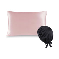 Pack soie de mûrier : taie d'oreiller rose et bonnet de nuit noir, sur fond blanc