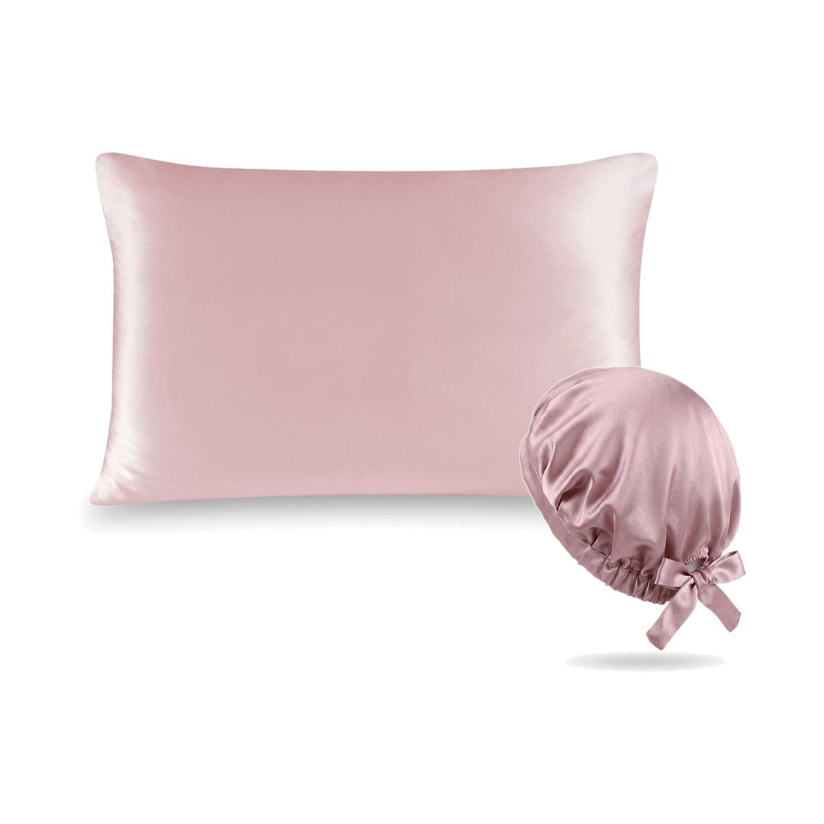 Pack soie de mûrier : taie d'oreiller rose et bonnet de nuit rose, sur fond blanc