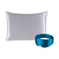 Pack soie de mûrier : taie d'oreiller argent et masque de nuit canard, sur fond blanc