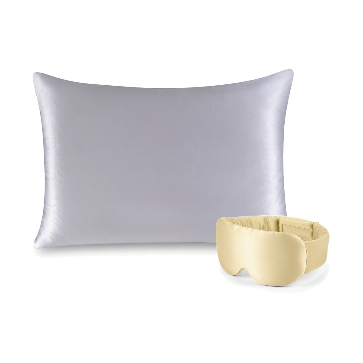 Pack soie de mûrier : taie d'oreiller argent et masque de nuit champagne, sur fond blanc