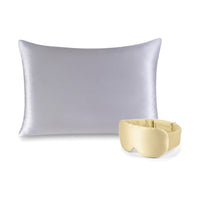 Pack soie de mûrier : taie d'oreiller argent et masque de nuit champagne, sur fond blanc