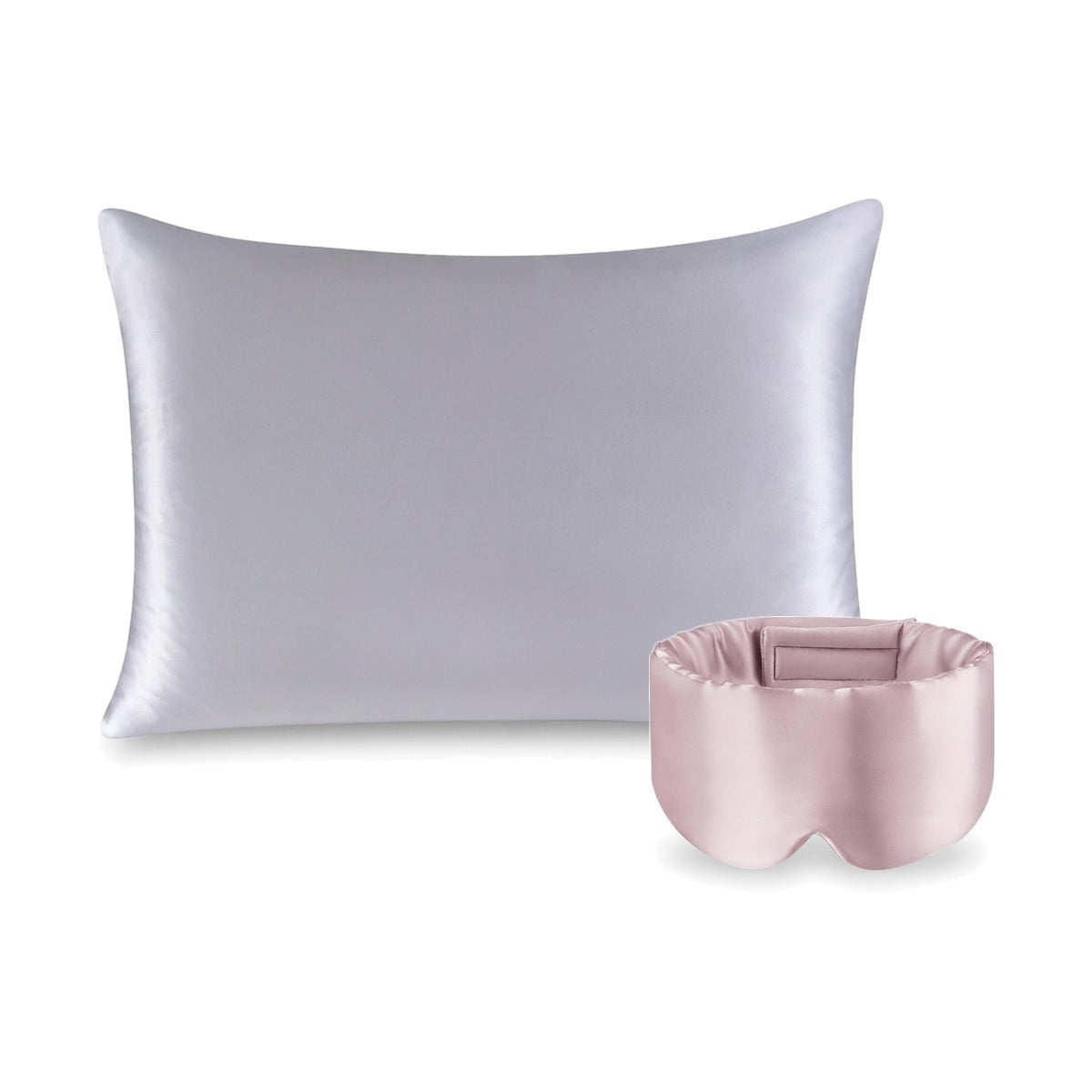 Pack soie de mûrier : taie d'oreiller argent et masque de nuit rose, sur fond blanc
