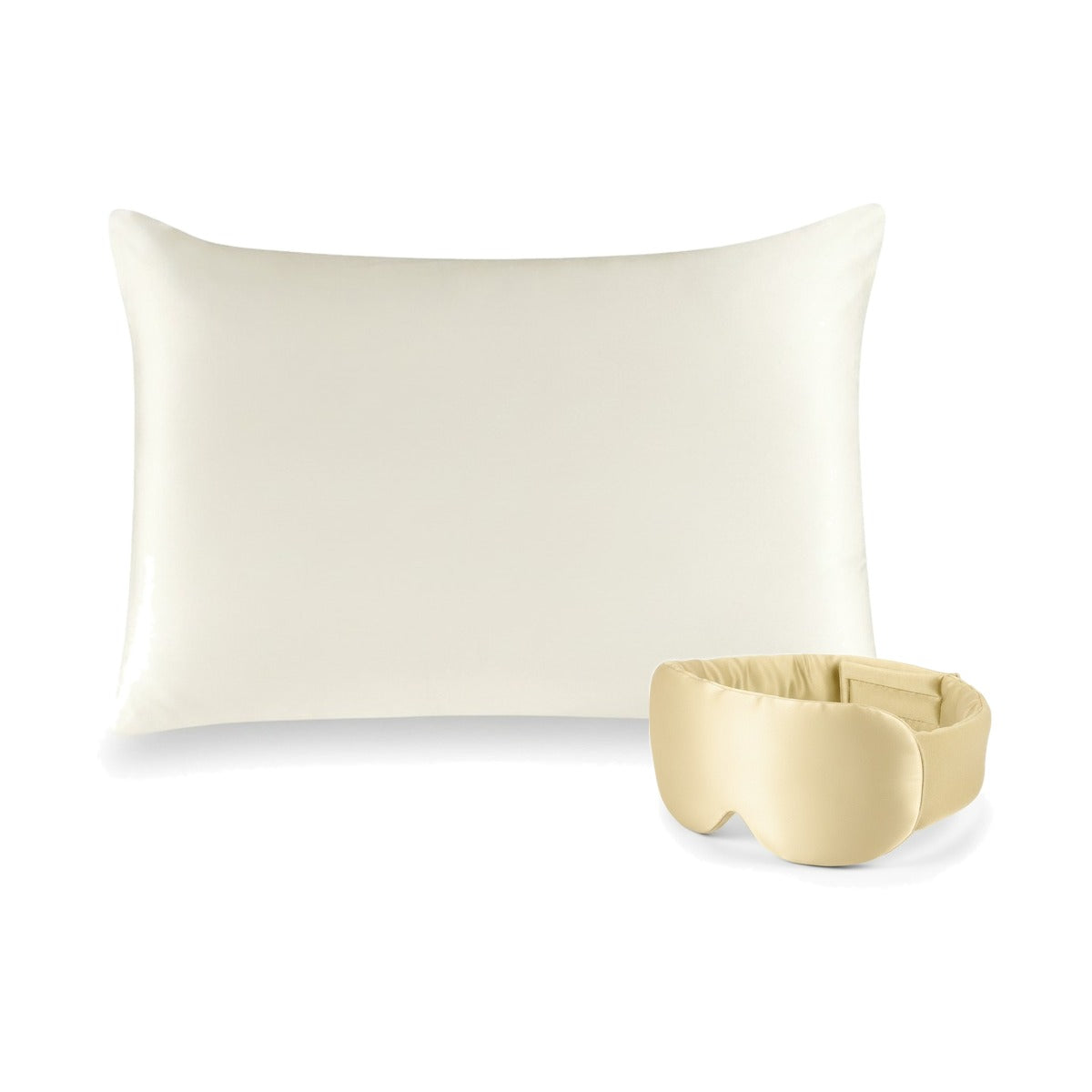 Pack soie de mûrier : taie d'oreiller ivoire et masque de nuit champagne, sur fond blanc