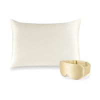 Pack soie de mûrier : taie d'oreiller ivoire et masque de nuit champagne, sur fond blanc