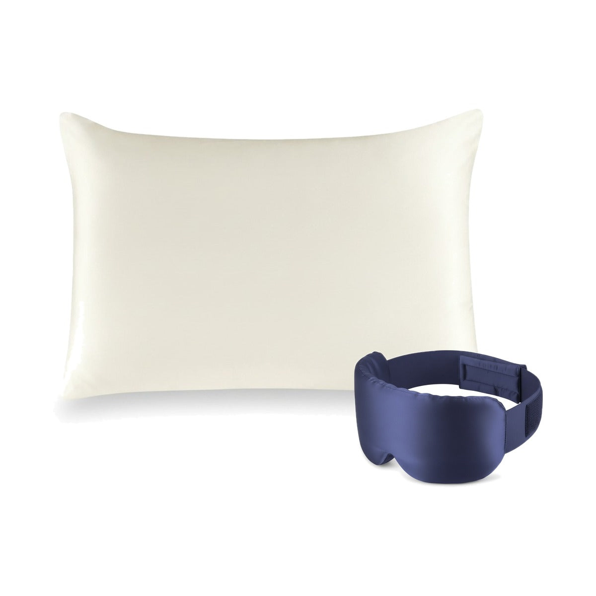 Pack soie de mûrier : taie d'oreiller ivoire et masque de nuit marine, sur fond blanc