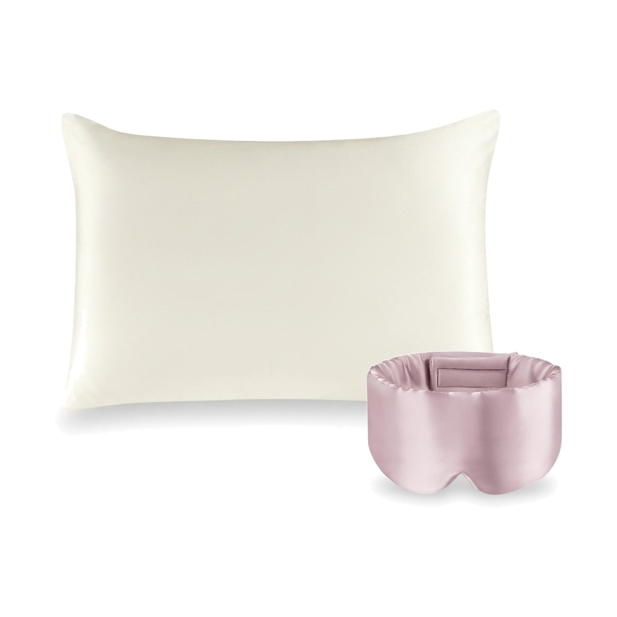 Pack soie de mûrier : taie d'oreiller ivoire et masque de nuit rose, sur fond blanc